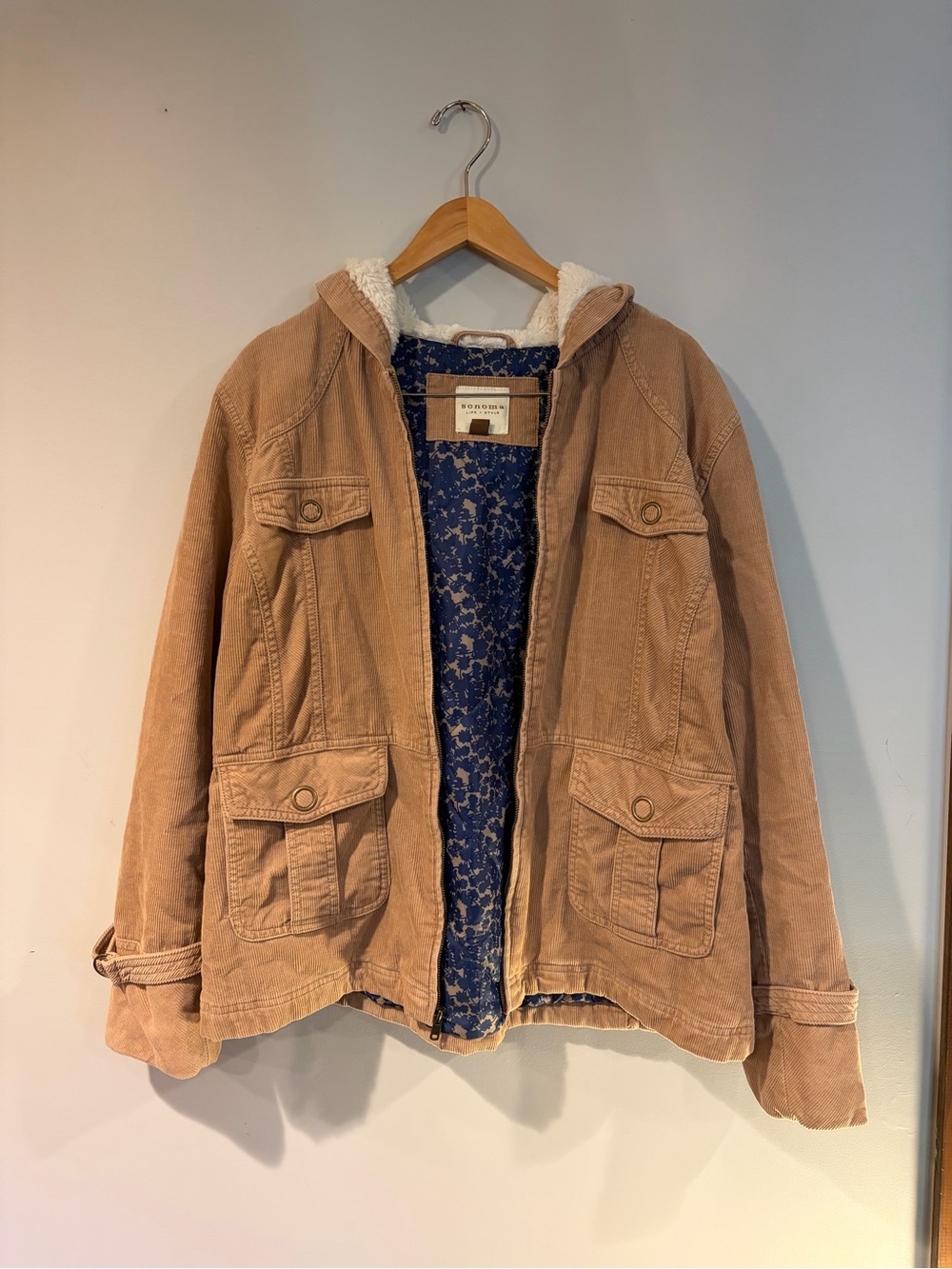 Sonoma Tan Corduroy Hooded Field Jacket with Sherpa Trim